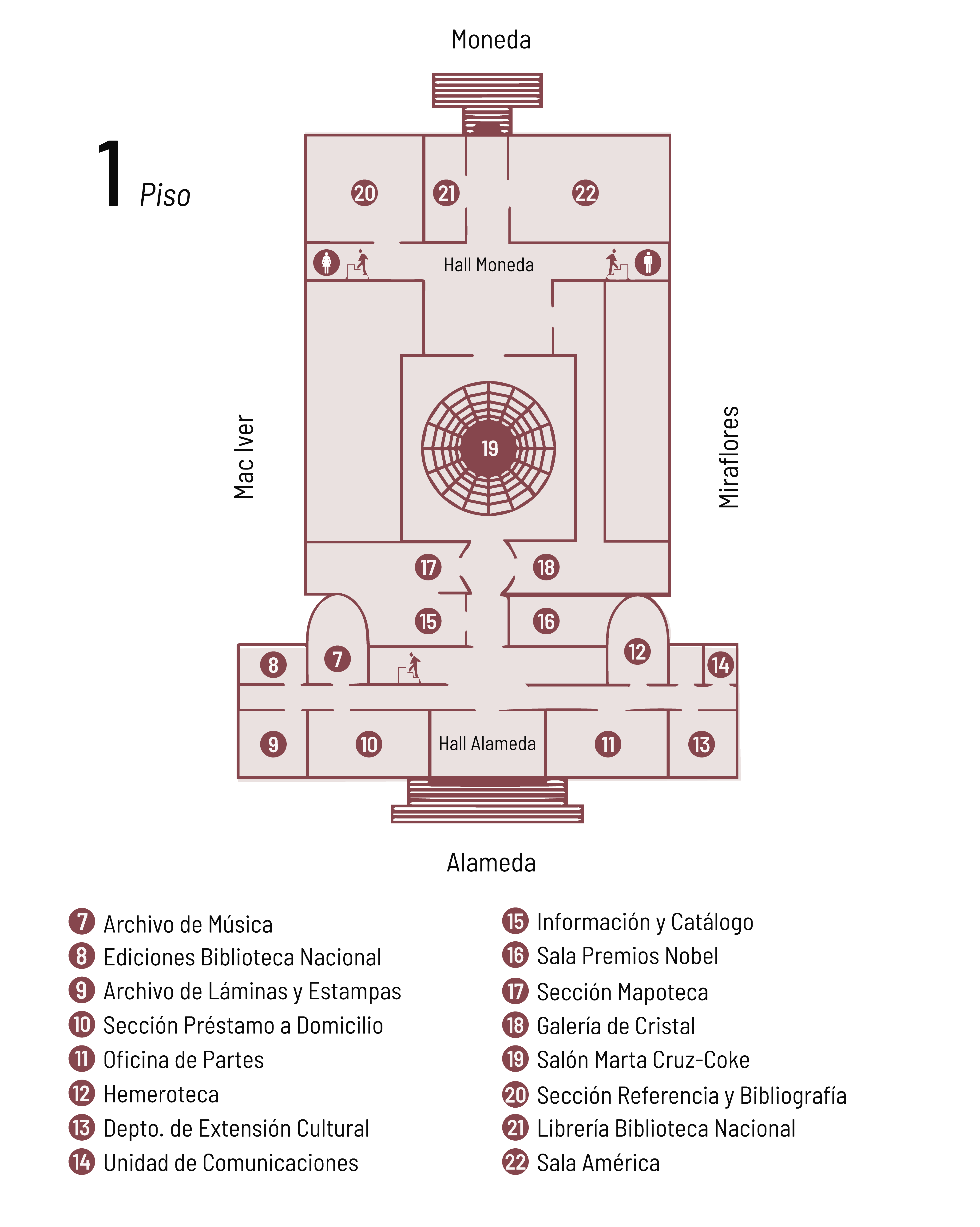 En la imagen, se visualiza el plano de la distribución del nivel 1 de la Biblioteca Nacional