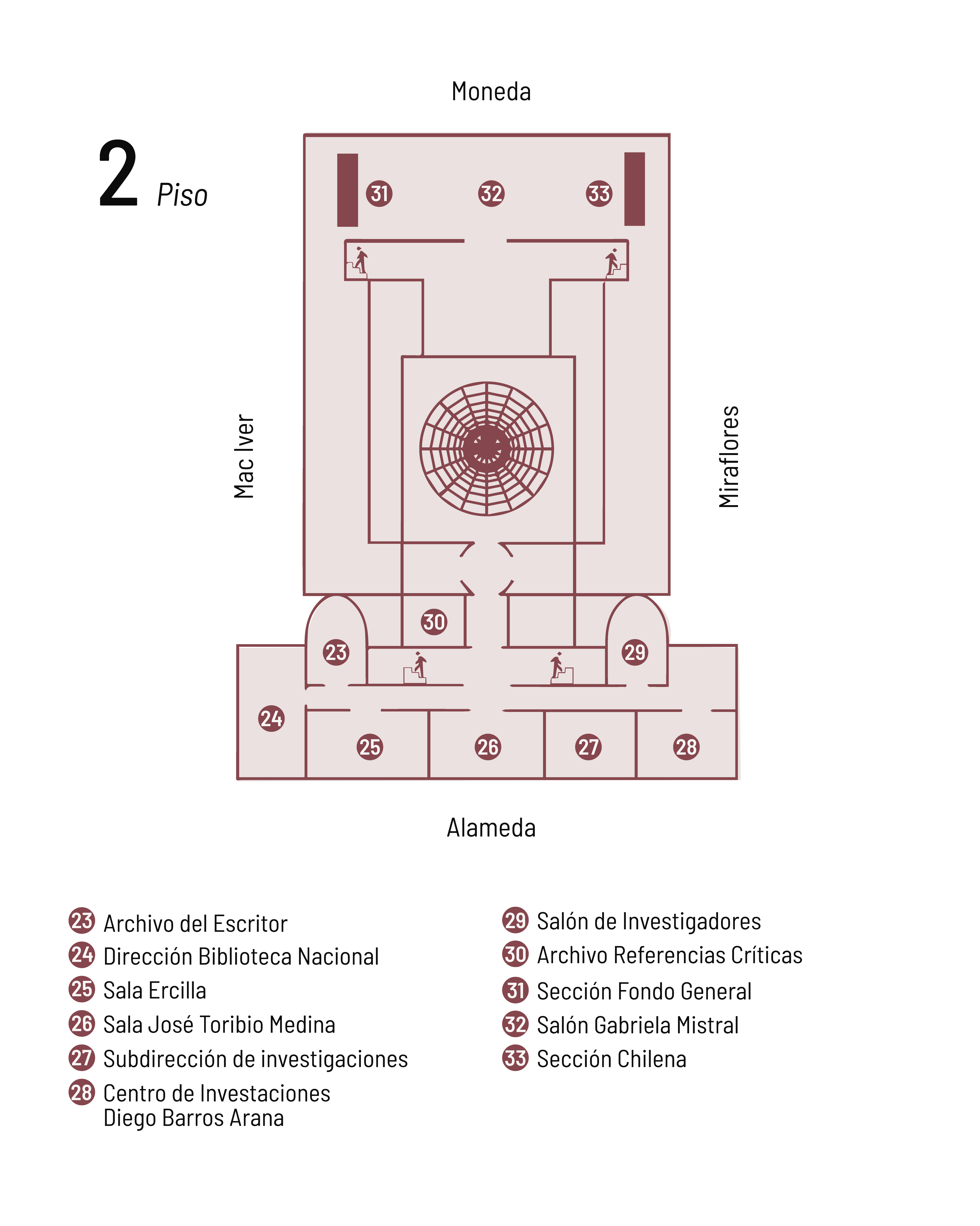 En la imagen, se visualiza el plano de la distribución del nivel 2 de la Biblioteca Nacional